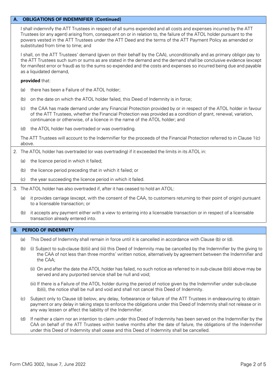 Form CMG3002 Deed of Indemnity From an Individual to the Att Trustees - Overtrading Indemnity - SBA Atol (Or Franchise Member Licensed for 1,000 Passengers or Fewer) - United Kingdom, Page 2