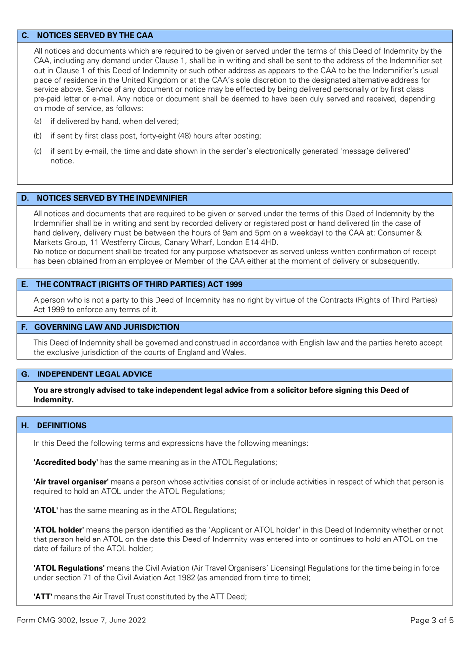 Form CMG3002 Deed of Indemnity From an Individual to the Att Trustees - Overtrading Indemnity - SBA Atol (Or Franchise Member Licensed for 1,000 Passengers or Fewer) - United Kingdom, Page 3