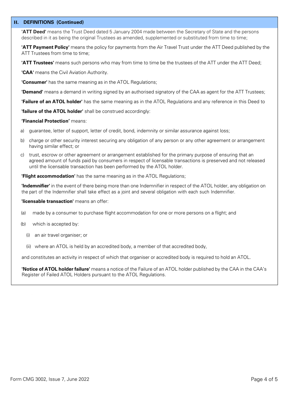 Form CMG3002 Deed of Indemnity From an Individual to the Att Trustees - Overtrading Indemnity - SBA Atol (Or Franchise Member Licensed for 1,000 Passengers or Fewer) - United Kingdom, Page 4