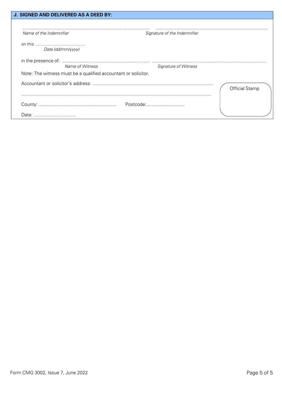 Form CMG3002 Deed of Indemnity From an Individual to the Att Trustees - Overtrading Indemnity - SBA Atol (Or Franchise Member Licensed for 1,000 Passengers or Fewer) - United Kingdom, Page 5