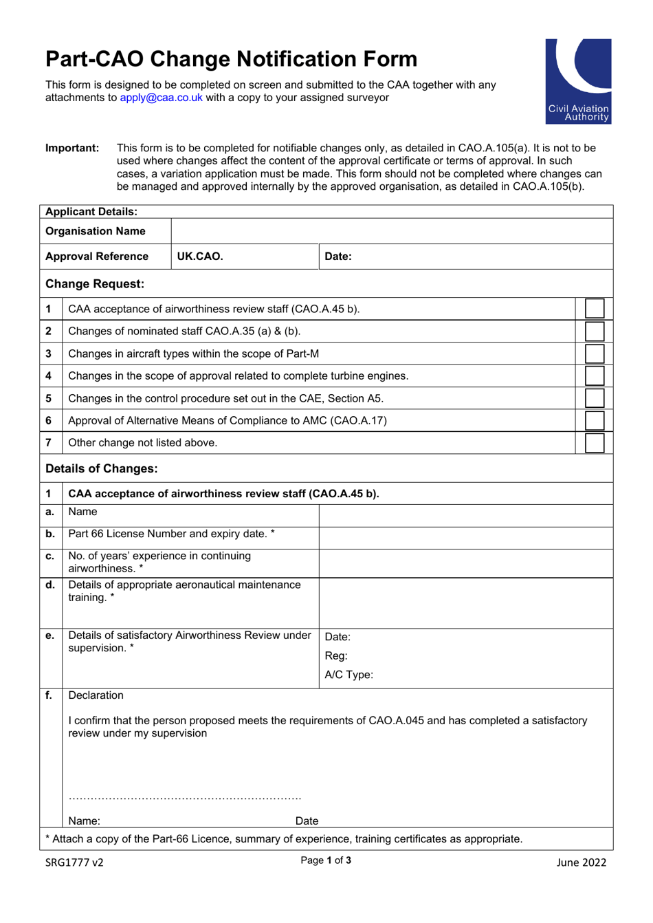 Form SRG1777 Part-Cao Change Notification Form - United Kingdom, Page 1