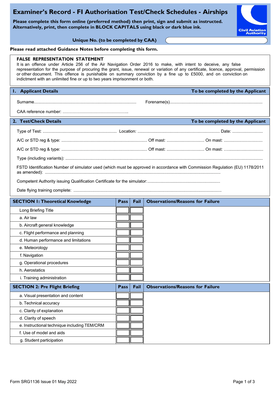 Form SRG1136 Examiners Record - F1 Authorisation Test / Check Schedules - Airships - United Kingdom, Page 1