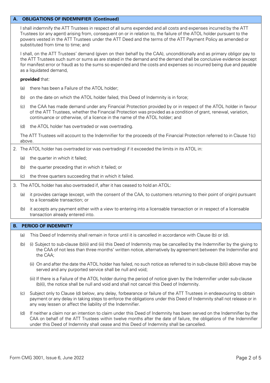 Form CMG3001 Deed of Indemnity From an Individual to the Att Trustees Overtrading Indemnity - Standard Atol (Or Franchise Member Licensed for More Than 1,000 Passengers) - United Kingdom, Page 2