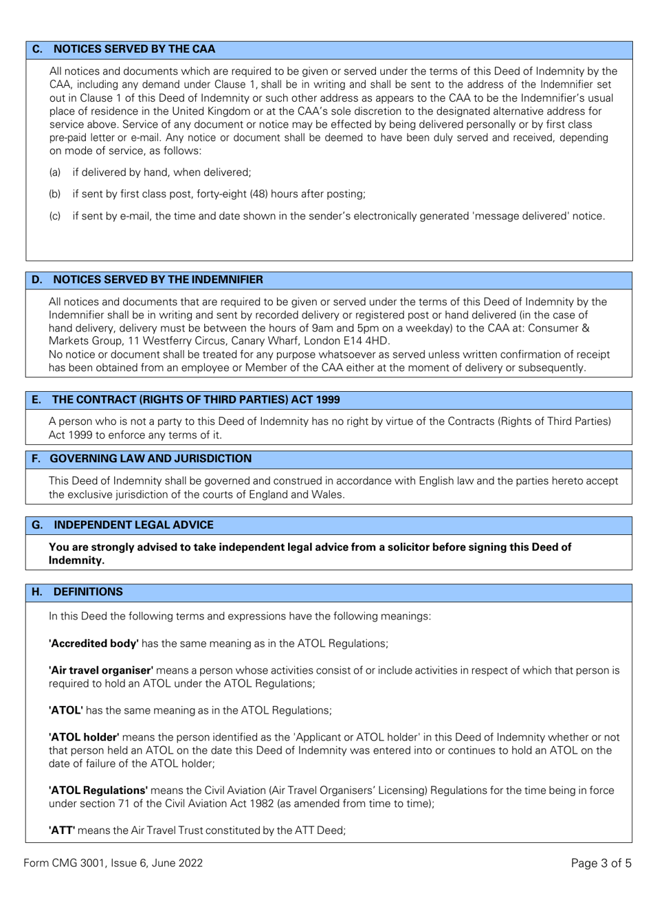 Form CMG3001 Deed of Indemnity From an Individual to the Att Trustees Overtrading Indemnity - Standard Atol (Or Franchise Member Licensed for More Than 1,000 Passengers) - United Kingdom, Page 3