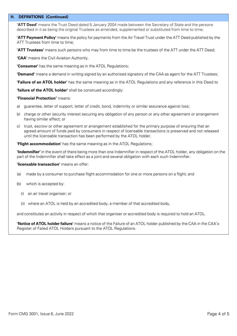 Form CMG3001 Deed of Indemnity From an Individual to the Att Trustees Overtrading Indemnity - Standard Atol (Or Franchise Member Licensed for More Than 1,000 Passengers) - United Kingdom, Page 4