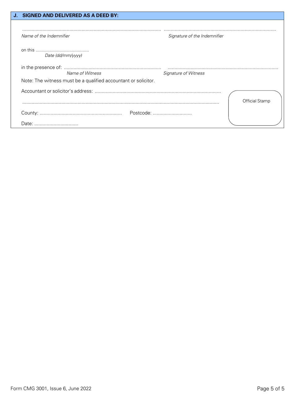 Form CMG3001 Deed of Indemnity From an Individual to the Att Trustees Overtrading Indemnity - Standard Atol (Or Franchise Member Licensed for More Than 1,000 Passengers) - United Kingdom, Page 5