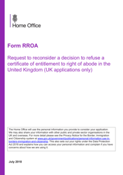 Document preview: Form RROA Application to Reconsider a Decision for a Certificate of Entitlement to the Right of Abode in the United Kingdom - United Kingdom
