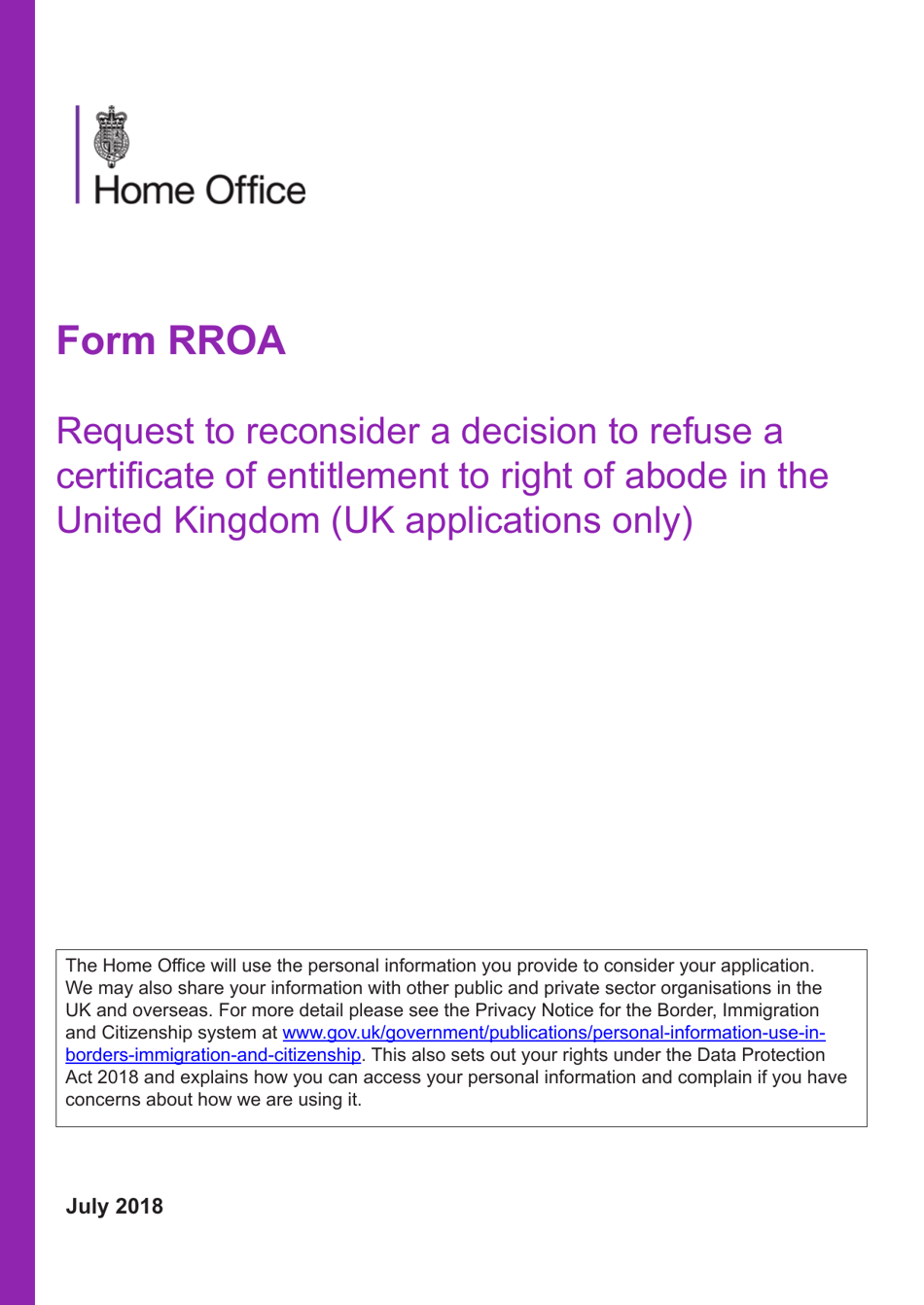 Form RROA Application to Reconsider a Decision for a Certificate of Entitlement to the Right of Abode in the United Kingdom - United Kingdom, Page 1