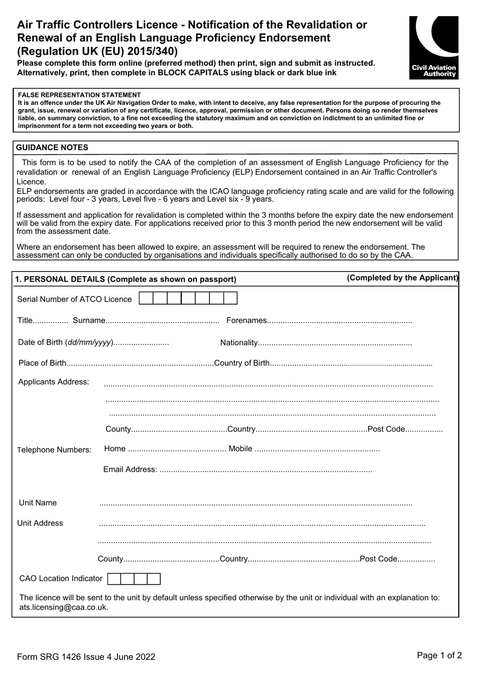 Form SRG1426 Air Traffic Controllers Licence - Notification of the Revalidation or Renewal of an English Language Proficiency Endorsement - United Kingdom, Page 1