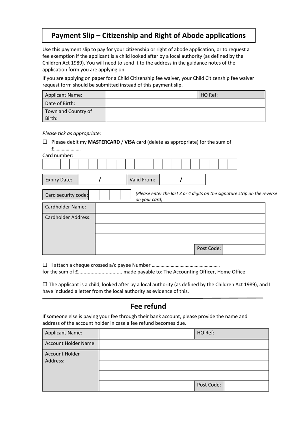 Payment Slip - Citizenship and Right of Abode Applications - United Kingdom, Page 1