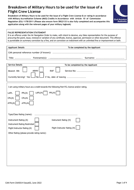 CAA Form CAA5014 Breakdown of Military Hours to Be Used for the Issue of a Flight Crew License - United Kingdom