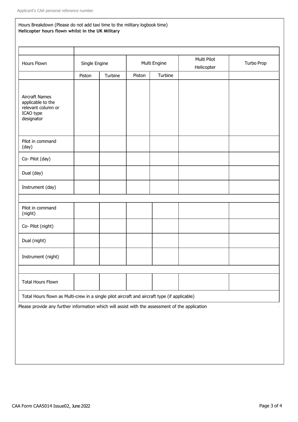 CAA Form CAA5014 Breakdown of Military Hours to Be Used for the Issue of a Flight Crew License - United Kingdom, Page 3
