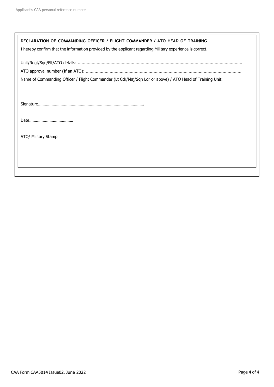 CAA Form CAA5014 Breakdown of Military Hours to Be Used for the Issue of a Flight Crew License - United Kingdom, Page 4