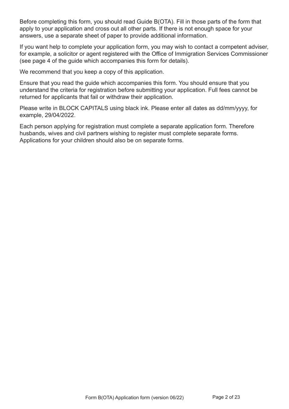 Form B(OTA) Application for Registration as a British Citizen by British Overseas Territories Citizen, British Overseas Citizen, British Protected Person, British Subject (Under the British Nationality Act 1981), British National (Overseas) - United Kingdom, Page 2