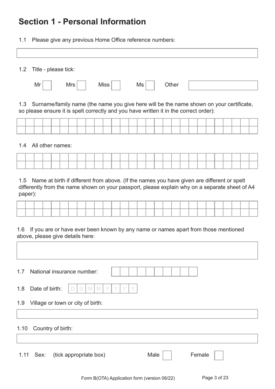 Form B(OTA) Application for Registration as a British Citizen by British Overseas Territories Citizen, British Overseas Citizen, British Protected Person, British Subject (Under the British Nationality Act 1981), British National (Overseas) - United Kingdom, Page 3