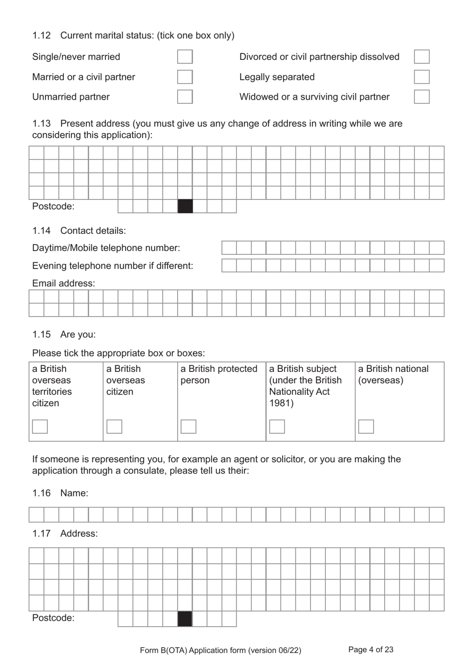 Form B(OTA) Application for Registration as a British Citizen by British Overseas Territories Citizen, British Overseas Citizen, British Protected Person, British Subject (Under the British Nationality Act 1981), British National (Overseas) - United Kingdom, Page 4