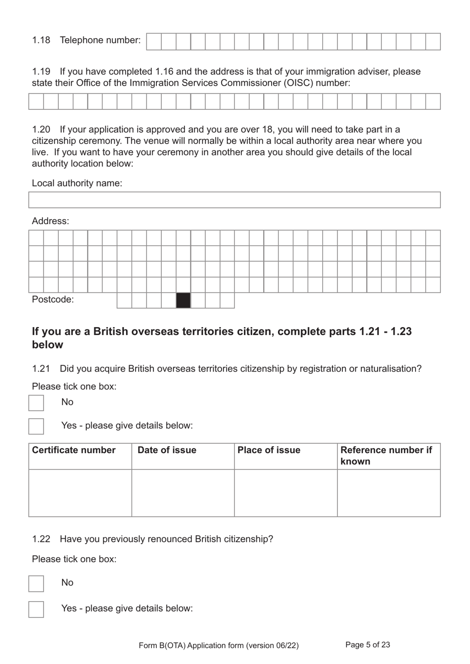 Form B(OTA) Application for Registration as a British Citizen by British Overseas Territories Citizen, British Overseas Citizen, British Protected Person, British Subject (Under the British Nationality Act 1981), British National (Overseas) - United Kingdom, Page 5
