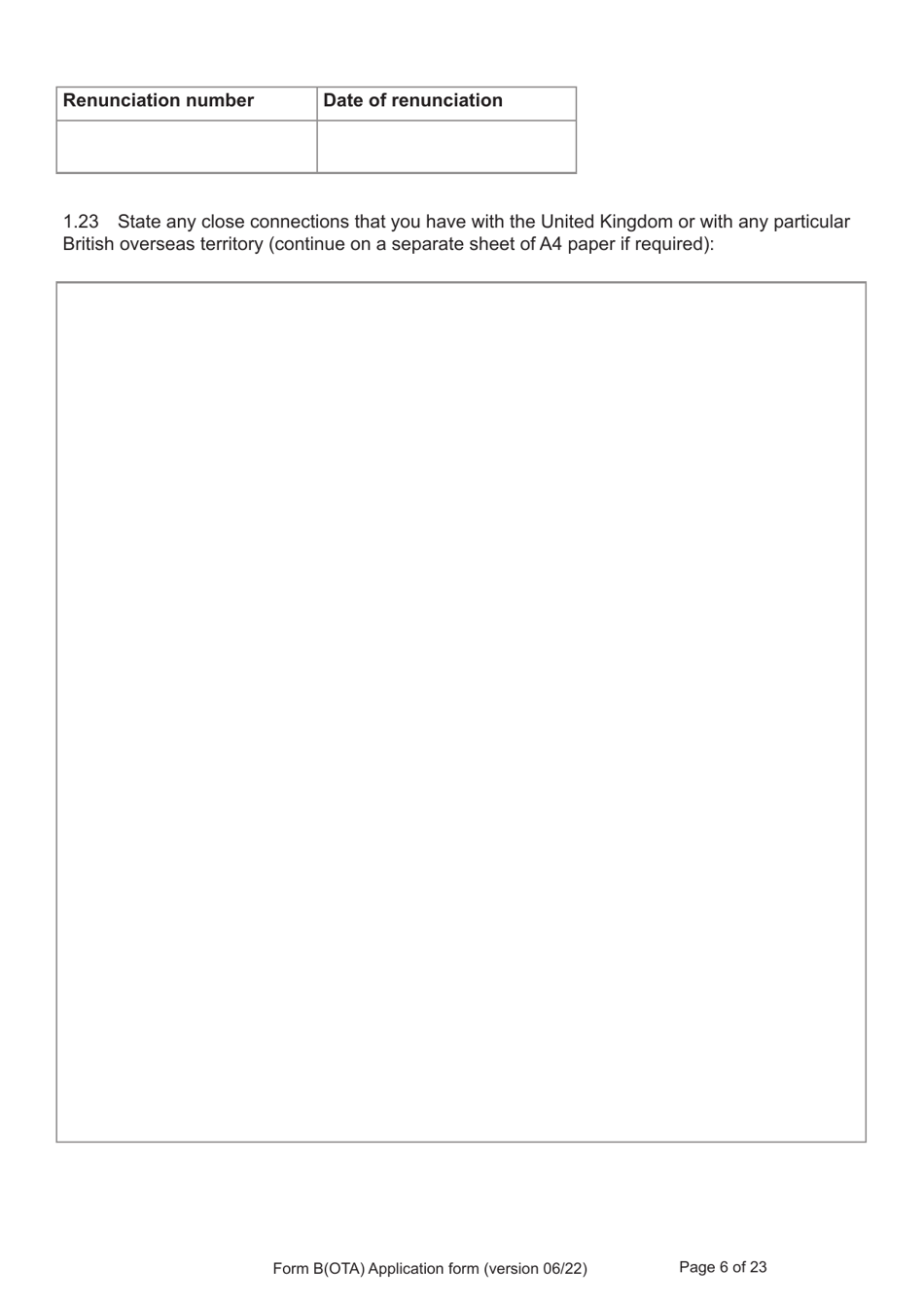 Form B(OTA) Application for Registration as a British Citizen by British Overseas Territories Citizen, British Overseas Citizen, British Protected Person, British Subject (Under the British Nationality Act 1981), British National (Overseas) - United Kingdom, Page 6
