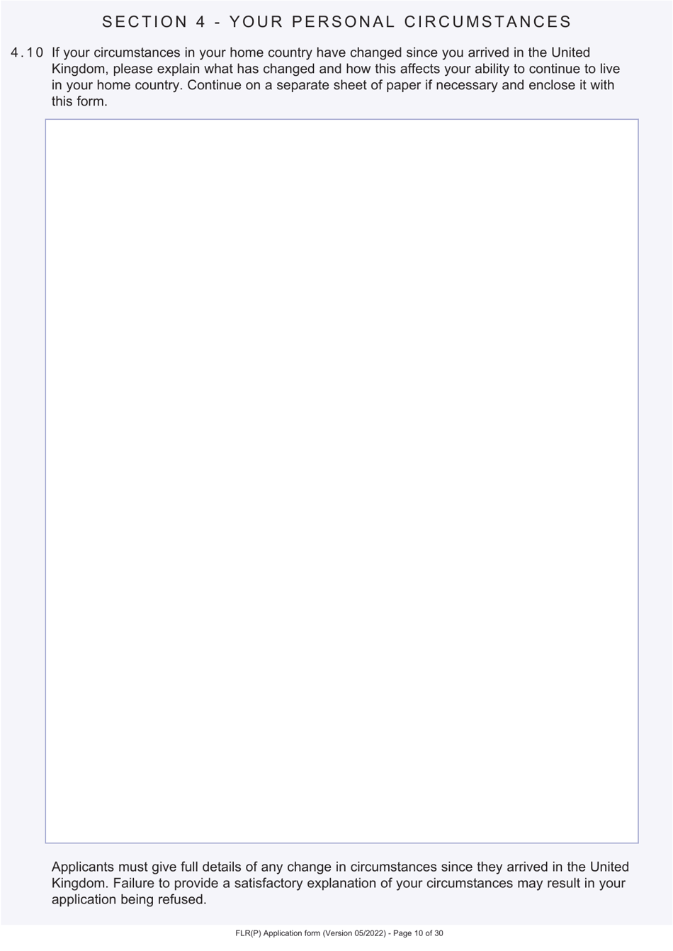 Form FLR(P) Application for an Extension of Stay in the UK as a Child Under the Age of 18 of a Relative With Limited Leave to Enter or Remain in the UK as a Refugee or Beneficiary of Humanitarian Protection and for a Biometric Immigration Document - United Kingdom, Page 10