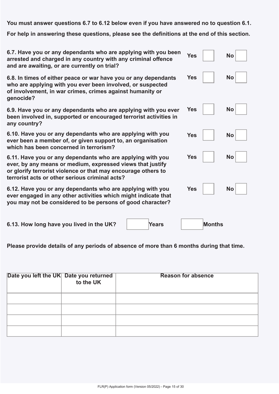 Form FLR(P) Application for an Extension of Stay in the UK as a Child Under the Age of 18 of a Relative With Limited Leave to Enter or Remain in the UK as a Refugee or Beneficiary of Humanitarian Protection and for a Biometric Immigration Document - United Kingdom, Page 15