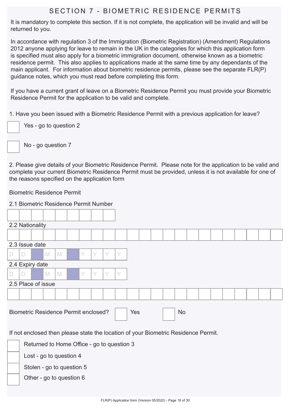 Form FLR(P) Application for an Extension of Stay in the UK as a Child Under the Age of 18 of a Relative With Limited Leave to Enter or Remain in the UK as a Refugee or Beneficiary of Humanitarian Protection and for a Biometric Immigration Document - United Kingdom, Page 18