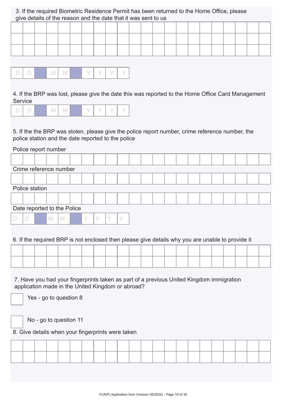 Form FLR(P) Application for an Extension of Stay in the UK as a Child Under the Age of 18 of a Relative With Limited Leave to Enter or Remain in the UK as a Refugee or Beneficiary of Humanitarian Protection and for a Biometric Immigration Document - United Kingdom, Page 19