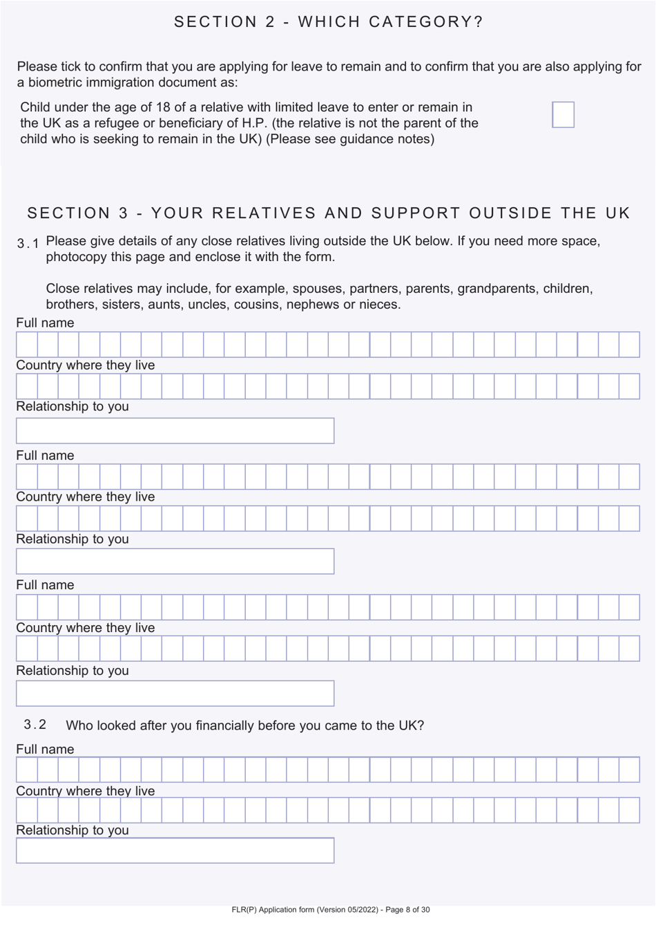 Form FLR(P) Application for an Extension of Stay in the UK as a Child Under the Age of 18 of a Relative With Limited Leave to Enter or Remain in the UK as a Refugee or Beneficiary of Humanitarian Protection and for a Biometric Immigration Document - United Kingdom, Page 8