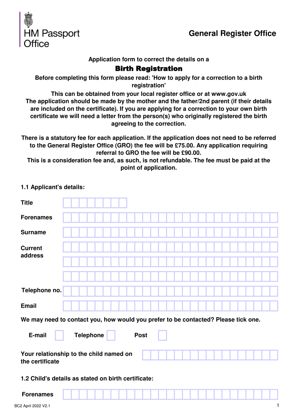 Form BC2 Application Form to Correct the Details on a Birth Registration - United Kingdom, Page 1
