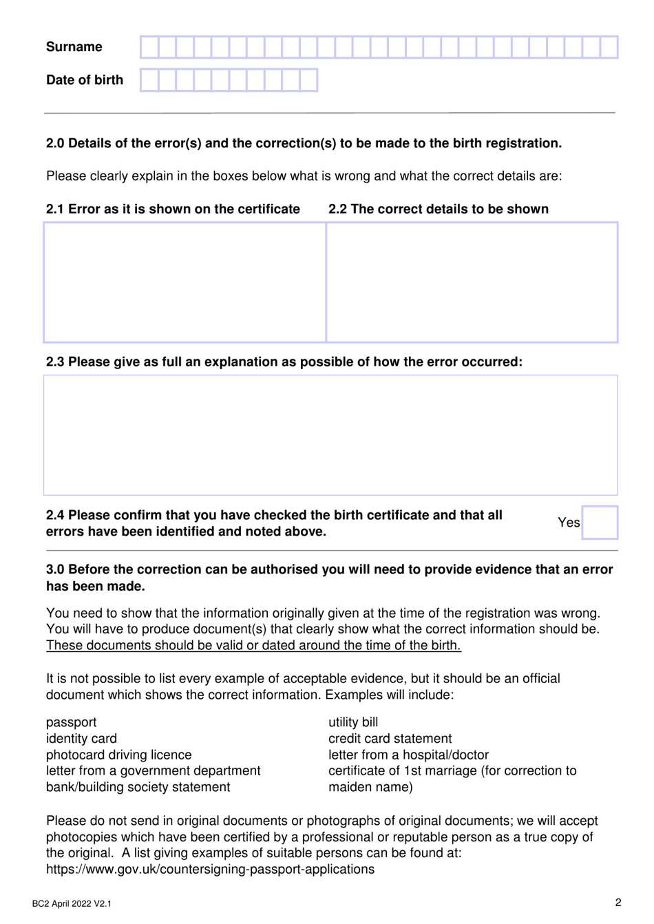 Form BC2 Application Form to Correct the Details on a Birth Registration - United Kingdom, Page 2