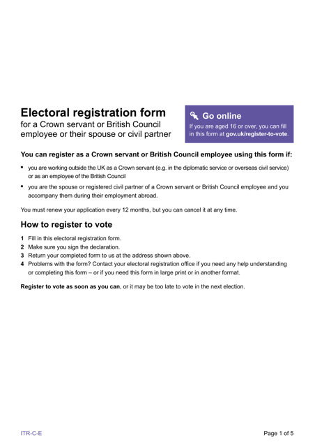 Form ITR-C-E Register to Vote as a Crown Servant or British Council Employee (Resident in England) - United Kingdom