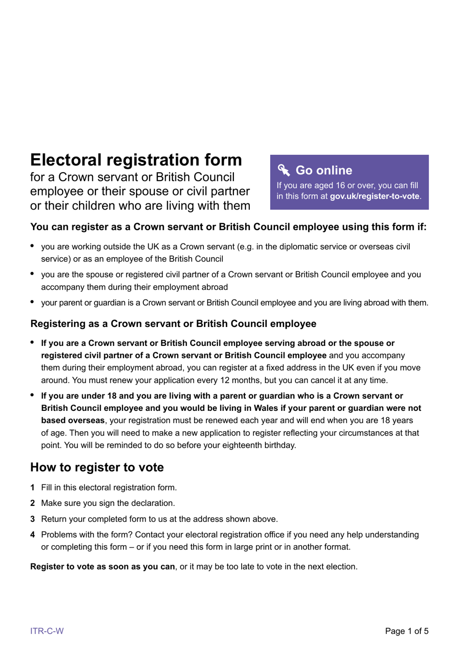 Form ITR-C-W Register to Vote as a Crown Servant or British Council Employee (Resident in Wales) - United Kingdom, Page 1