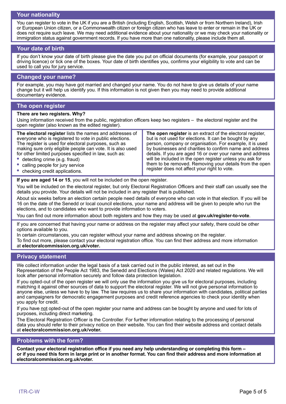 Form ITR-C-W Register to Vote as a Crown Servant or British Council Employee (Resident in Wales) - United Kingdom, Page 5