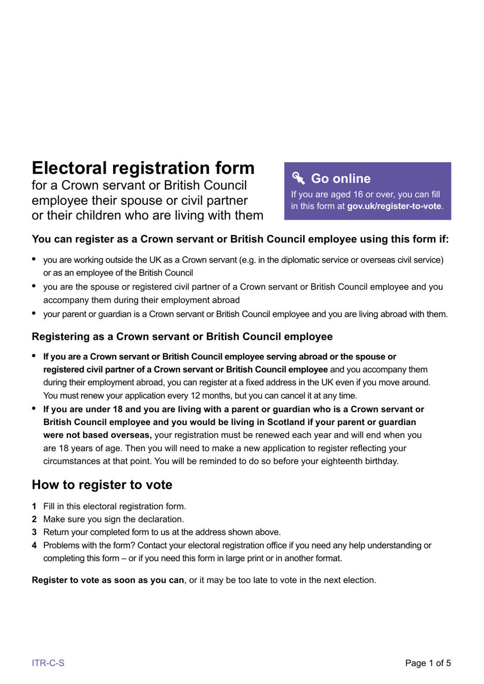 Electoral Registration Form for a Crown Servant or British Council Employee - United Kingdom, Page 1