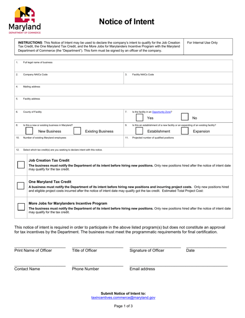 Notice of Intent - More Jobs for Marylanders Incentive Program - Maryland Download Pdf