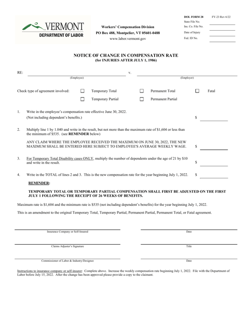 DOL Form 28 Notice of Change in Compensation Rate (For Injuries After July 1, 1986) - Vermont, 2023