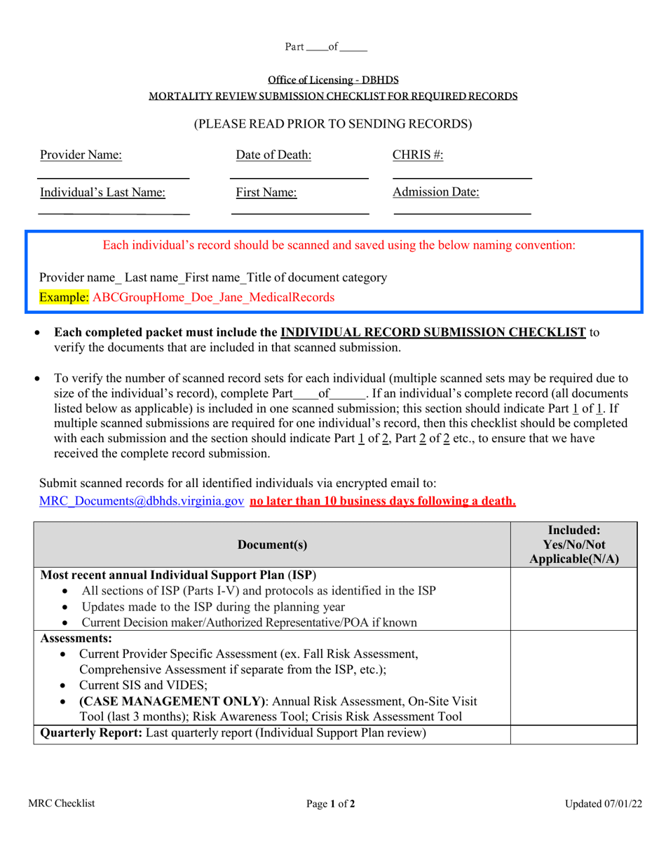 Mortality Review Submission Checklist for Required Records - Virginia, Page 1
