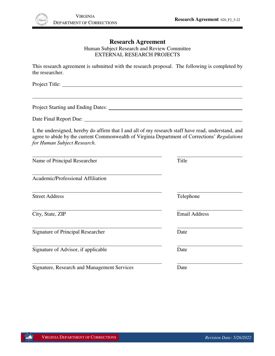 Form 2 Research Agreement - Virginia, Page 1