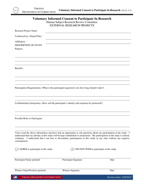 Form 3 Voluntary Informed Consent to Participate in Research - Virginia