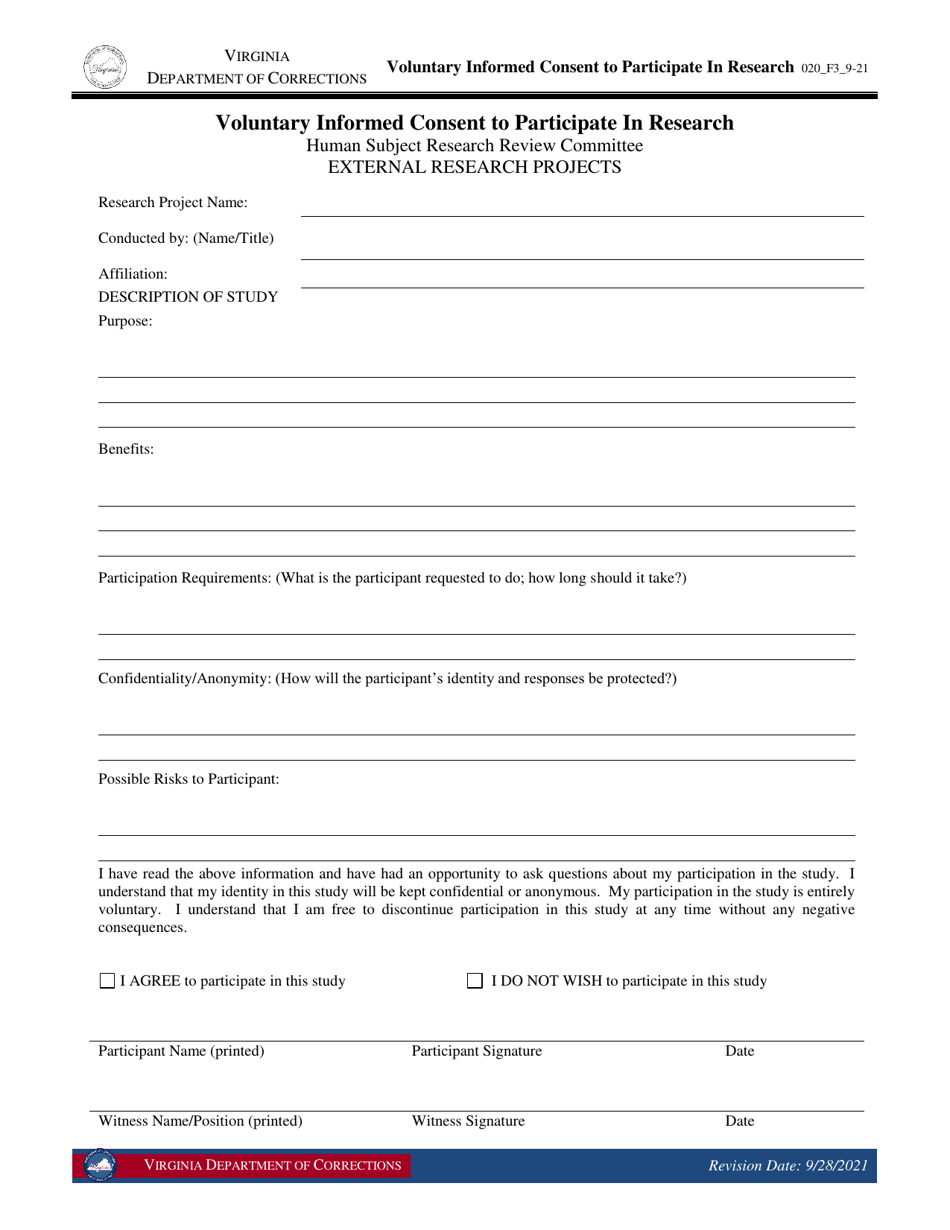 Form 3 Voluntary Informed Consent to Participate in Research - Virginia, Page 1