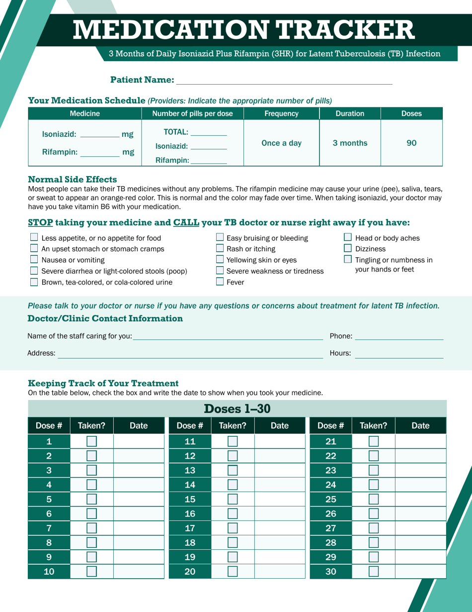 Form CS330204-A Medication Tracker - 3 Months of Daily Isoniazid Plus Rifampin (3hr) for Latent Tuberculosis (Tb) Infection, Page 1