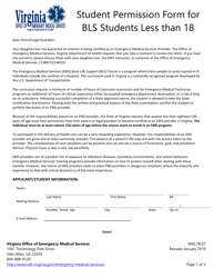 Form EMS.TR.07 Student Permission Form for Bls Students Less Than 18 - Virginia