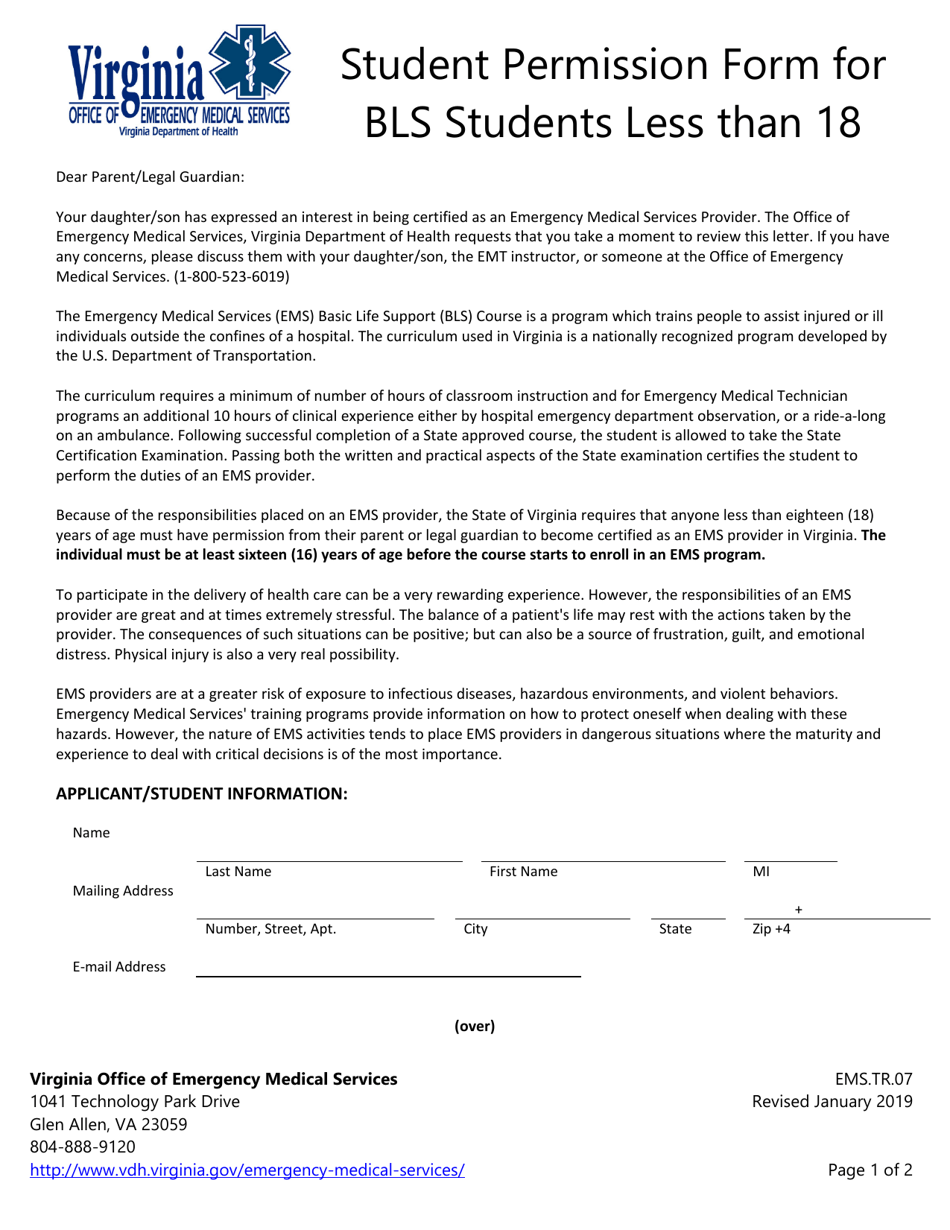 Form EMS.TR.07 Student Permission Form for Bls Students Less Than 18 - Virginia, Page 1