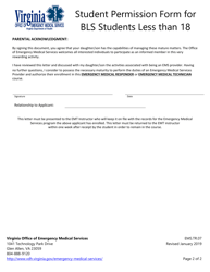 Form EMS.TR.07 Student Permission Form for Bls Students Less Than 18 - Virginia, Page 2