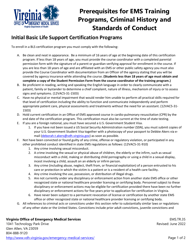 Form EMS.TR.35 Prerequisites for EMS Training Programs, Criminal History and Standards of Conduct - Virginia
