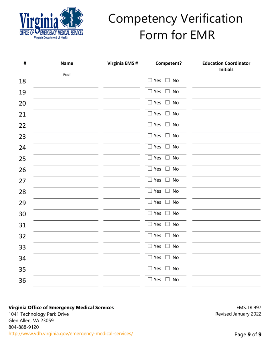 Form EMS.TR.997 State of Emergency Competency Verification Guidance for Emr - Virginia, Page 10