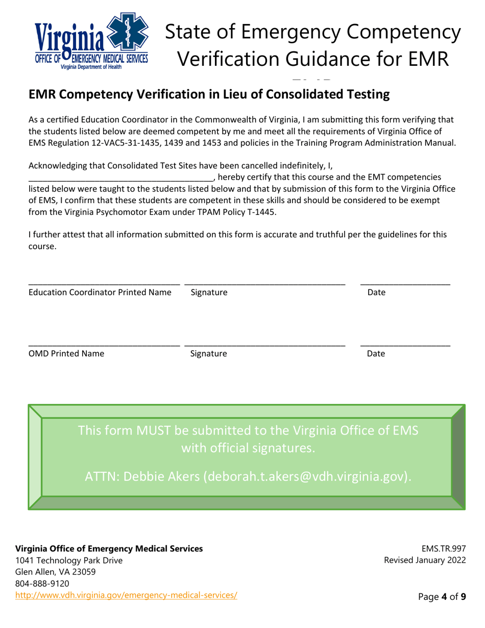 Form EMS.TR.997 State of Emergency Competency Verification Guidance for Emr - Virginia, Page 5