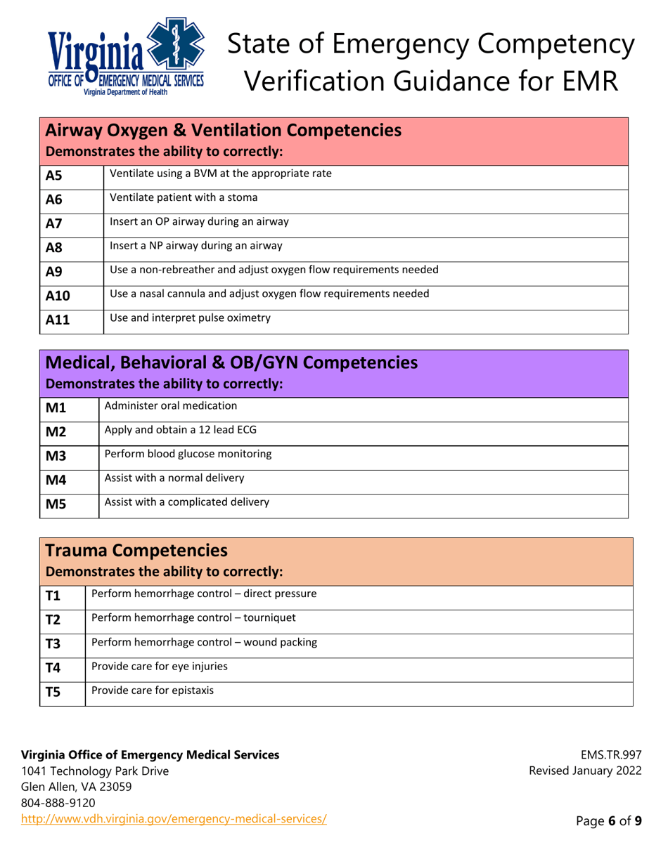 Form EMS.TR.997 State of Emergency Competency Verification Guidance for Emr - Virginia, Page 7