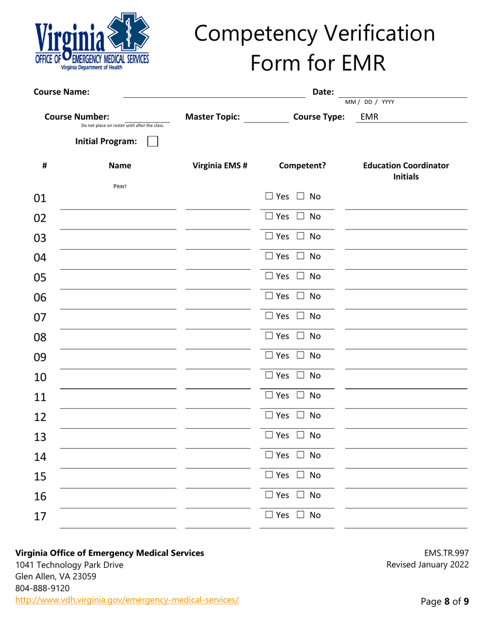 Form EMS.TR.997 State of Emergency Competency Verification Guidance for Emr - Virginia, Page 9