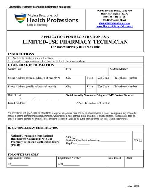 Application for Registration as a Limited-Use Pharmacy Technician (For Use Exclusively in a Free Clinic) - Virginia Download Pdf