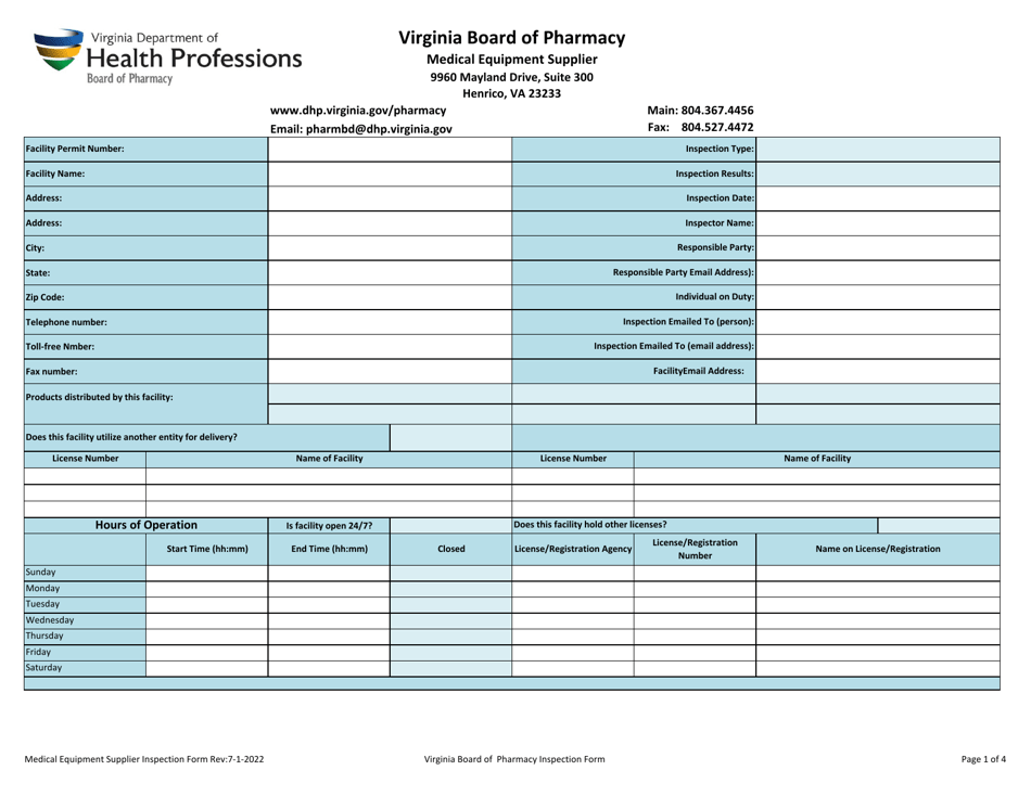 Medical Equipment Supplier Inspection Form - Virginia, Page 1